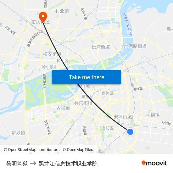 黎明监狱 to 黑龙江信息技术职业学院 map