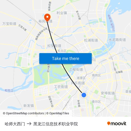 哈师大西门 to 黑龙江信息技术职业学院 map