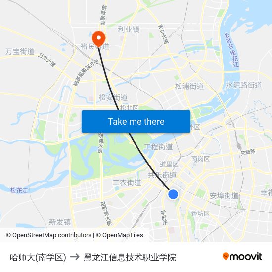 哈师大(南学区) to 黑龙江信息技术职业学院 map