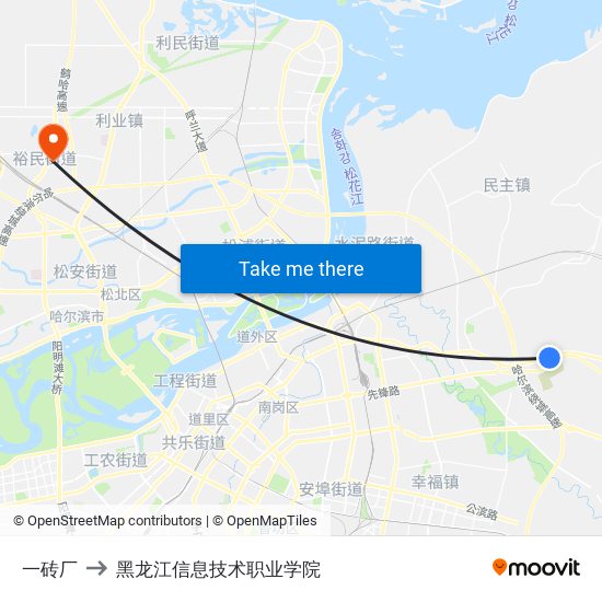 一砖厂 to 黑龙江信息技术职业学院 map