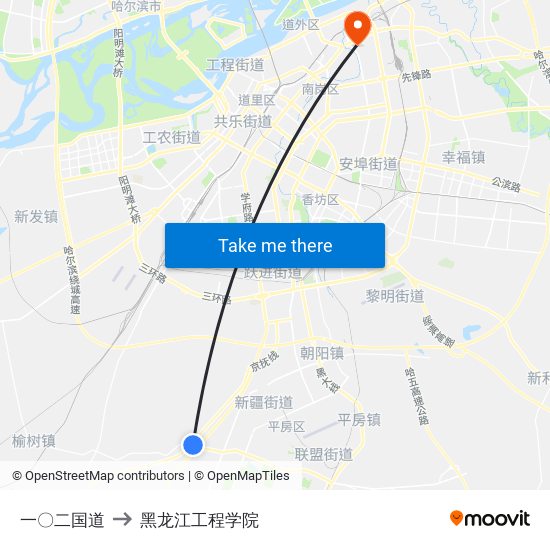 一〇二国道 to 黑龙江工程学院 map