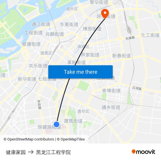 健康家园 to 黑龙江工程学院 map