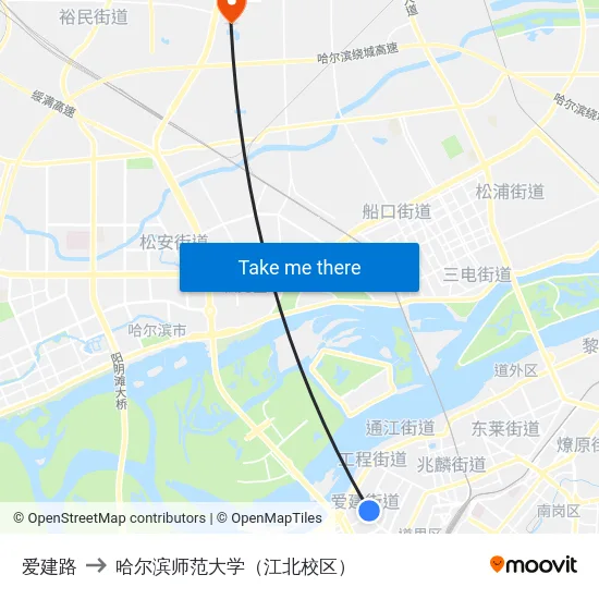爱建路 to 哈尔滨师范大学（江北校区） map