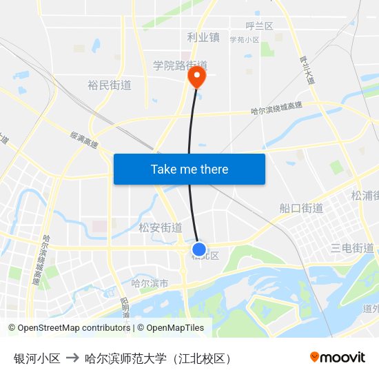 银河小区 to 哈尔滨师范大学（江北校区） map
