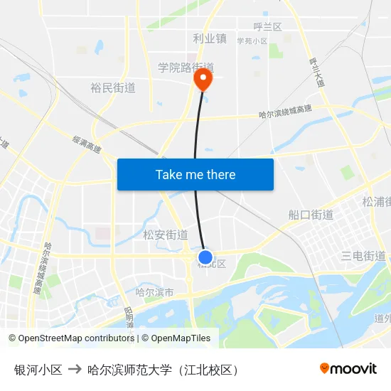 银河小区 to 哈尔滨师范大学（江北校区） map