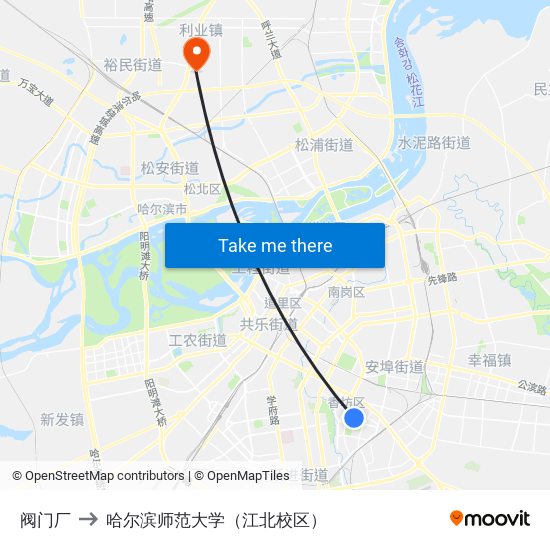 阀门厂 to 哈尔滨师范大学（江北校区） map