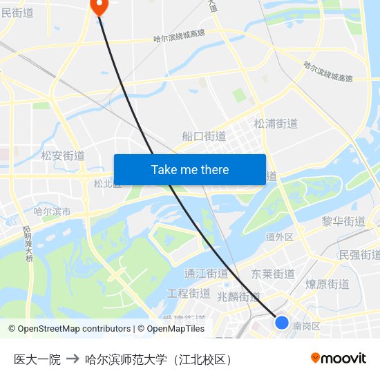 医大一院 to 哈尔滨师范大学（江北校区） map