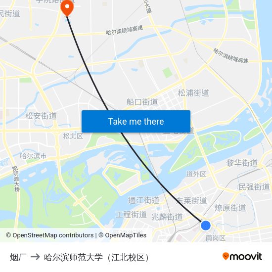 烟厂 to 哈尔滨师范大学（江北校区） map