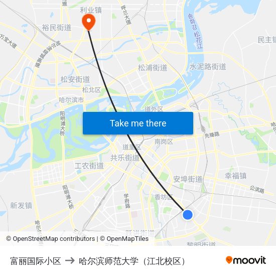 富丽国际小区 to 哈尔滨师范大学（江北校区） map