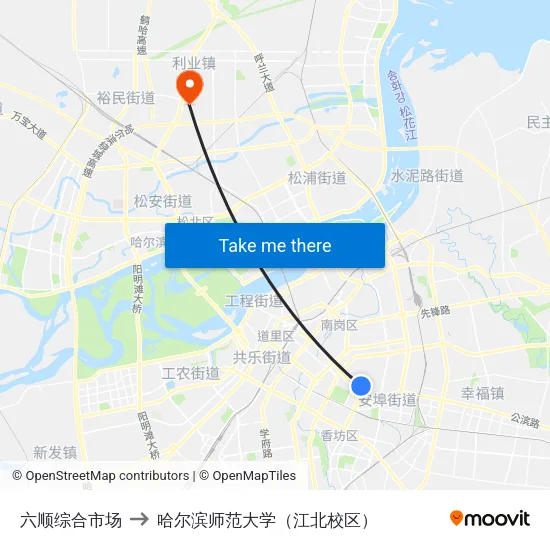 六顺综合市场 to 哈尔滨师范大学（江北校区） map
