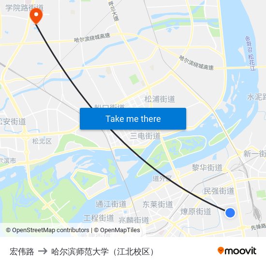 宏伟路 to 哈尔滨师范大学（江北校区） map