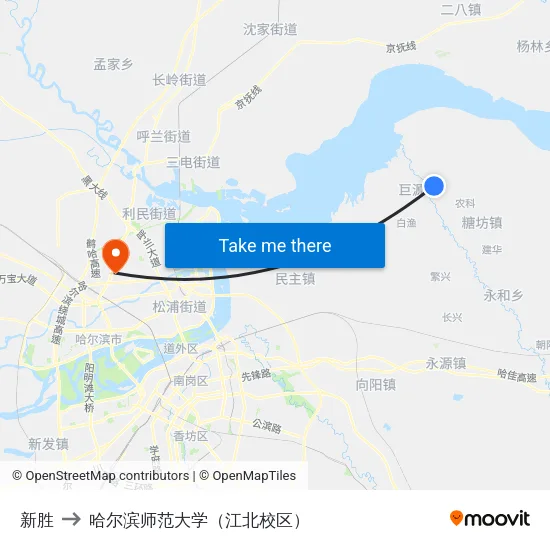 新胜 to 哈尔滨师范大学（江北校区） map