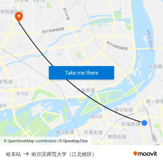 哈东站 to 哈尔滨师范大学（江北校区） map