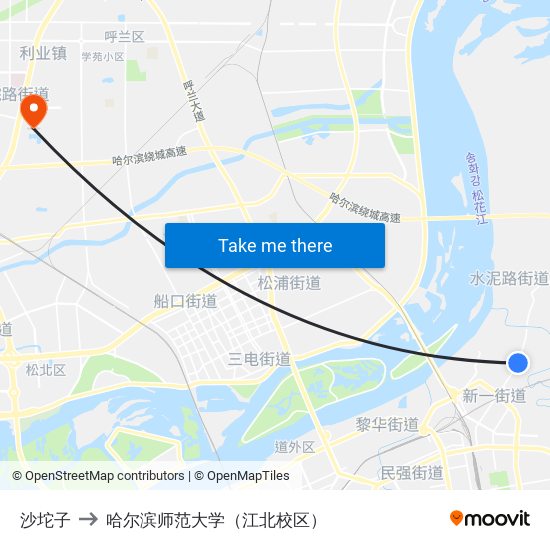 沙坨子 to 哈尔滨师范大学（江北校区） map