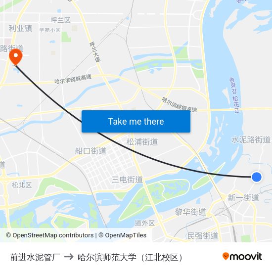 前进水泥管厂 to 哈尔滨师范大学（江北校区） map