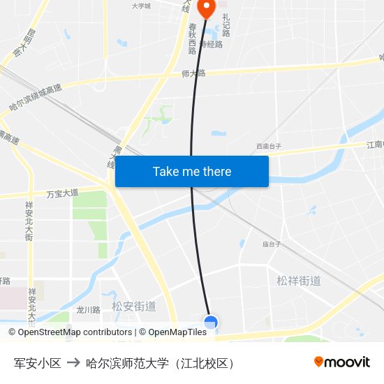 军安小区 to 哈尔滨师范大学（江北校区） map