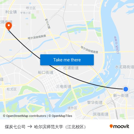 煤炭七公司 to 哈尔滨师范大学（江北校区） map