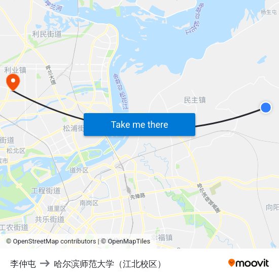 李仲屯 to 哈尔滨师范大学（江北校区） map