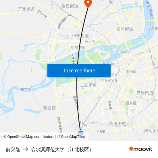 前兴隆 to 哈尔滨师范大学（江北校区） map