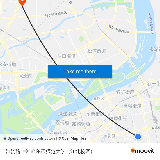 淮河路 to 哈尔滨师范大学（江北校区） map