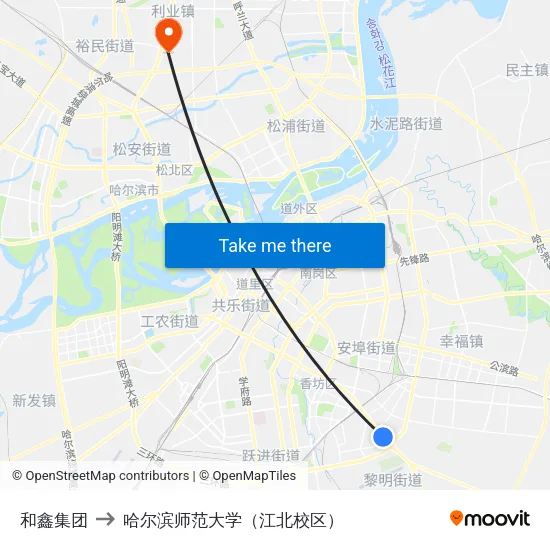 和鑫集团 to 哈尔滨师范大学（江北校区） map