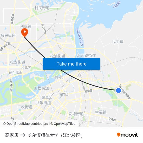 高家店 to 哈尔滨师范大学（江北校区） map