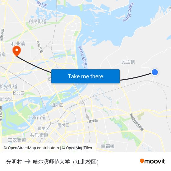 光明村 to 哈尔滨师范大学（江北校区） map