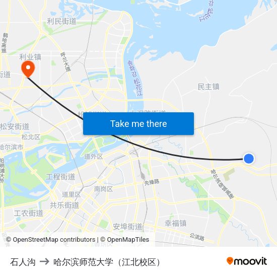 石人沟 to 哈尔滨师范大学（江北校区） map