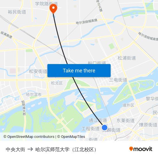 中央大街 to 哈尔滨师范大学（江北校区） map