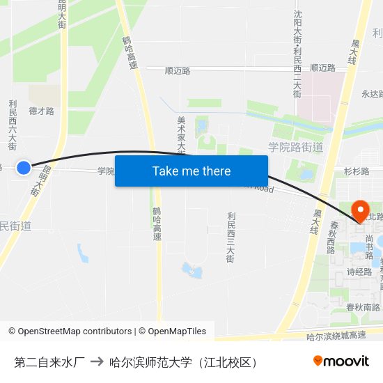 第二自来水厂 to 哈尔滨师范大学（江北校区） map