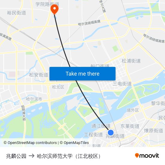 兆麟公园 to 哈尔滨师范大学（江北校区） map