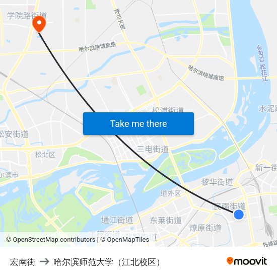 宏南街 to 哈尔滨师范大学（江北校区） map