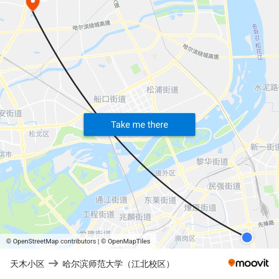 天木小区 to 哈尔滨师范大学（江北校区） map
