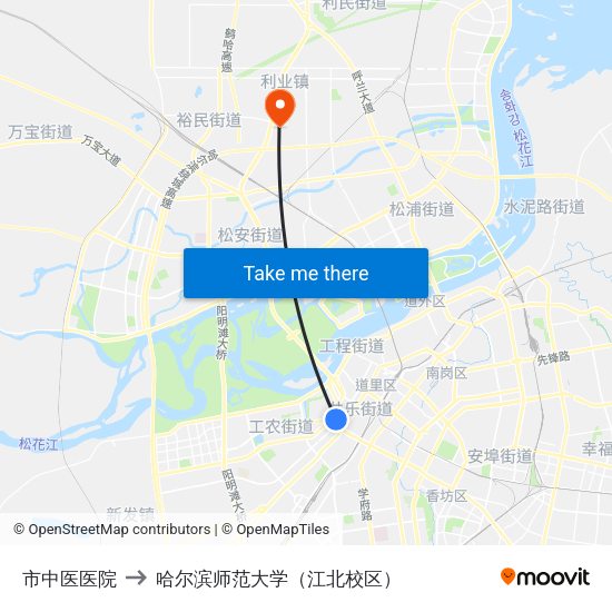 市中医医院 to 哈尔滨师范大学（江北校区） map