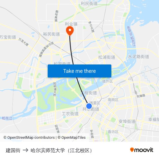 建国街 to 哈尔滨师范大学（江北校区） map
