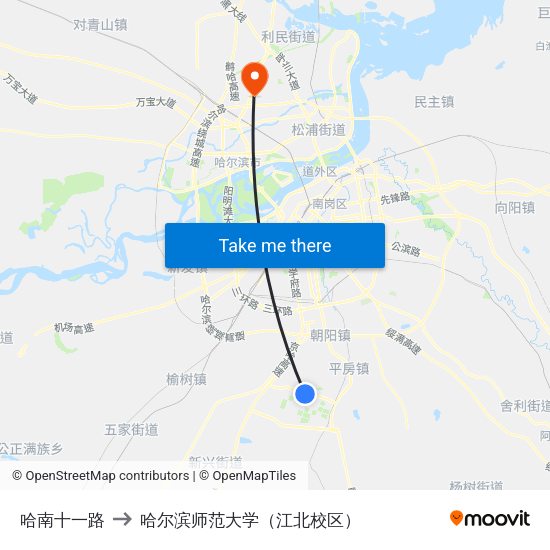 哈南十一路 to 哈尔滨师范大学（江北校区） map