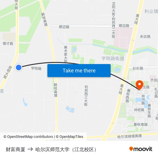 财富商厦 to 哈尔滨师范大学（江北校区） map