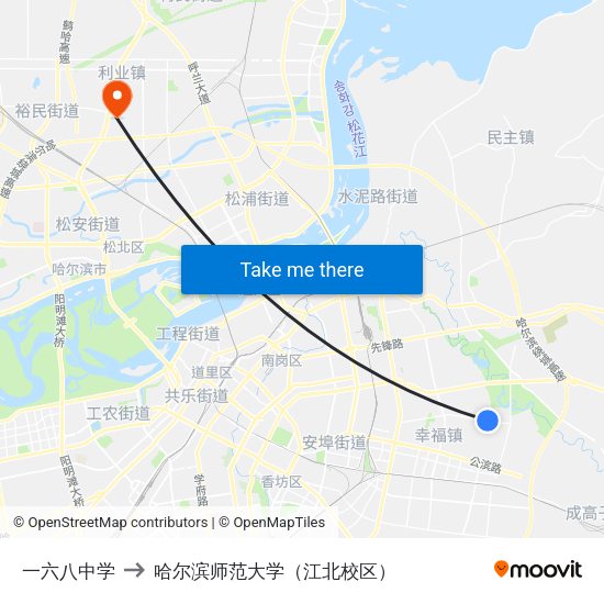一六八中学 to 哈尔滨师范大学（江北校区） map