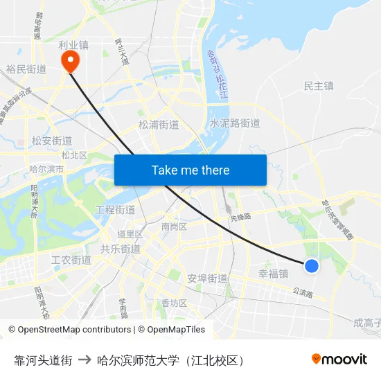 靠河头道街 to 哈尔滨师范大学（江北校区） map