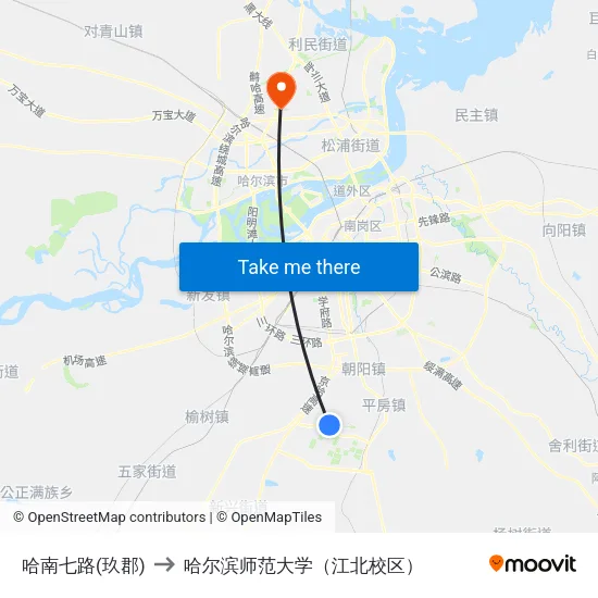 哈南七路(玖郡) to 哈尔滨师范大学（江北校区） map