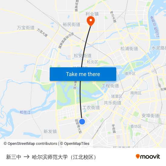 新三中 to 哈尔滨师范大学（江北校区） map