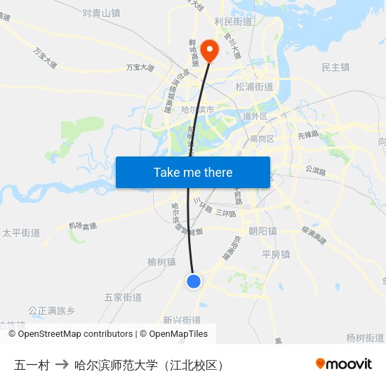五一村 to 哈尔滨师范大学（江北校区） map