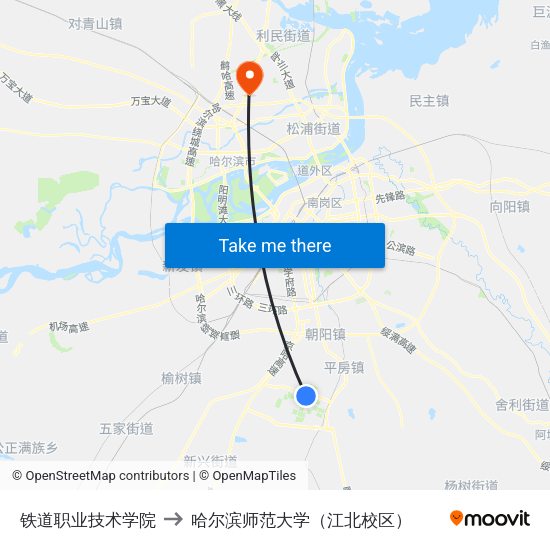 铁道职业技术学院 to 哈尔滨师范大学（江北校区） map