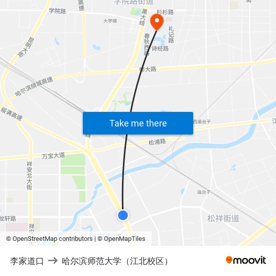 李家道口 to 哈尔滨师范大学（江北校区） map