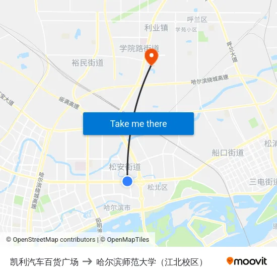 凯利汽车百货广场 to 哈尔滨师范大学（江北校区） map