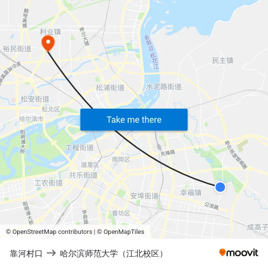 靠河村口 to 哈尔滨师范大学（江北校区） map