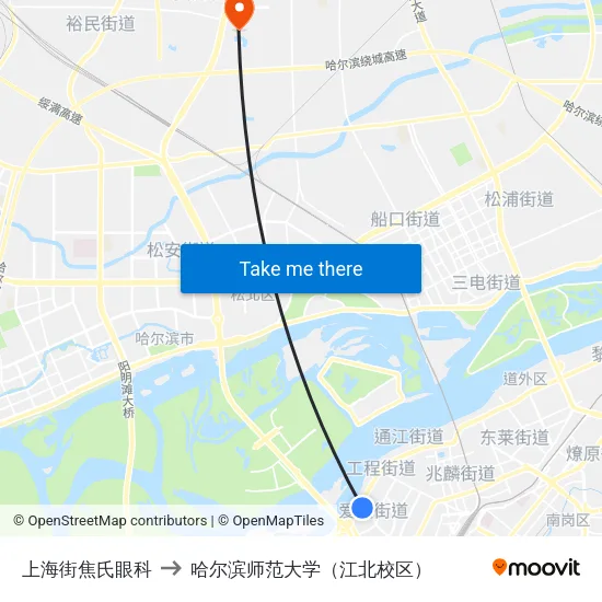 上海街焦氏眼科 to 哈尔滨师范大学（江北校区） map