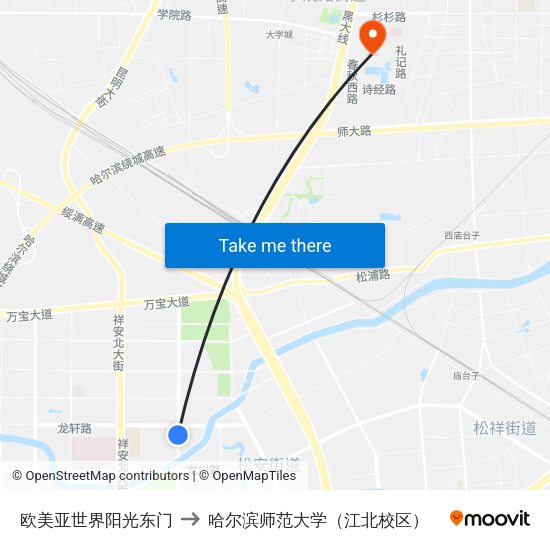 欧美亚世界阳光东门 to 哈尔滨师范大学（江北校区） map