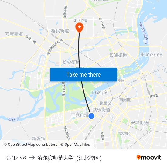 达江小区 to 哈尔滨师范大学（江北校区） map