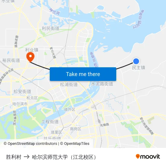 胜利村 to 哈尔滨师范大学（江北校区） map